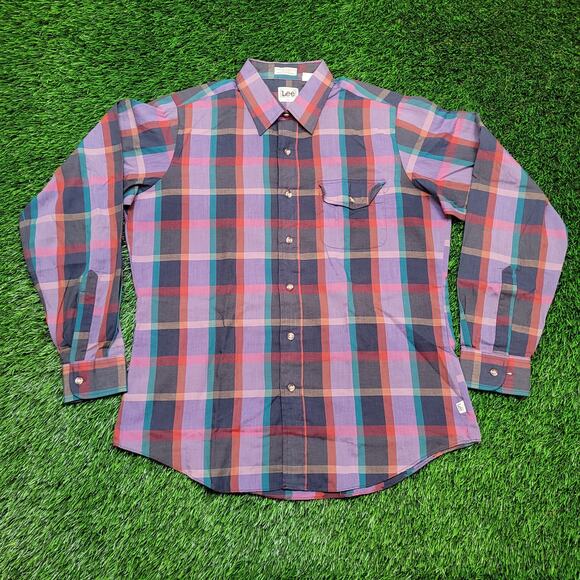 VTG 80s Lee Vibrant Purple Plaid Button Down Shirt Mens Large 16.5 Plaid - Picture 1 of 5